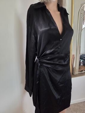 Zara Black Satin Wrap Dress Long Sleeve Size Medium
